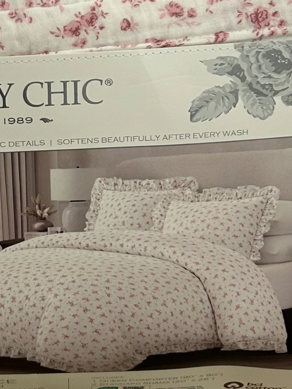 Shabby Chic Floral Pink and White Cotton Gauze Queen Comforter Set 90”x90”